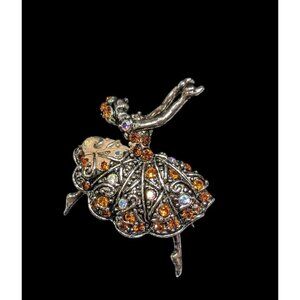 Vintage Whimsical Dancing Ballerina Brooch Silver Tone With Rhinestone Accents